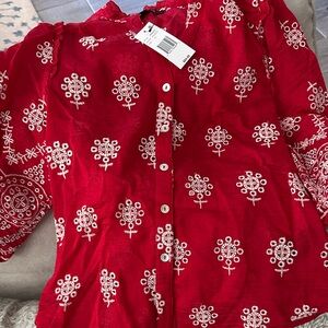 Embroidered Red Button-Front Blouse - Women's